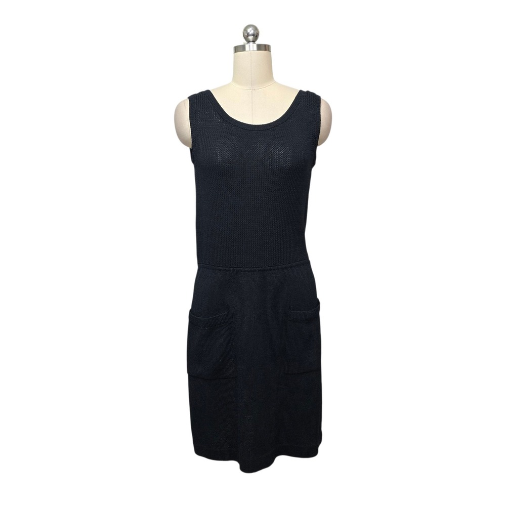 St John Black Knit Sleeveless Scoop Neck Pocket Sheath Dress No Liner Size Small